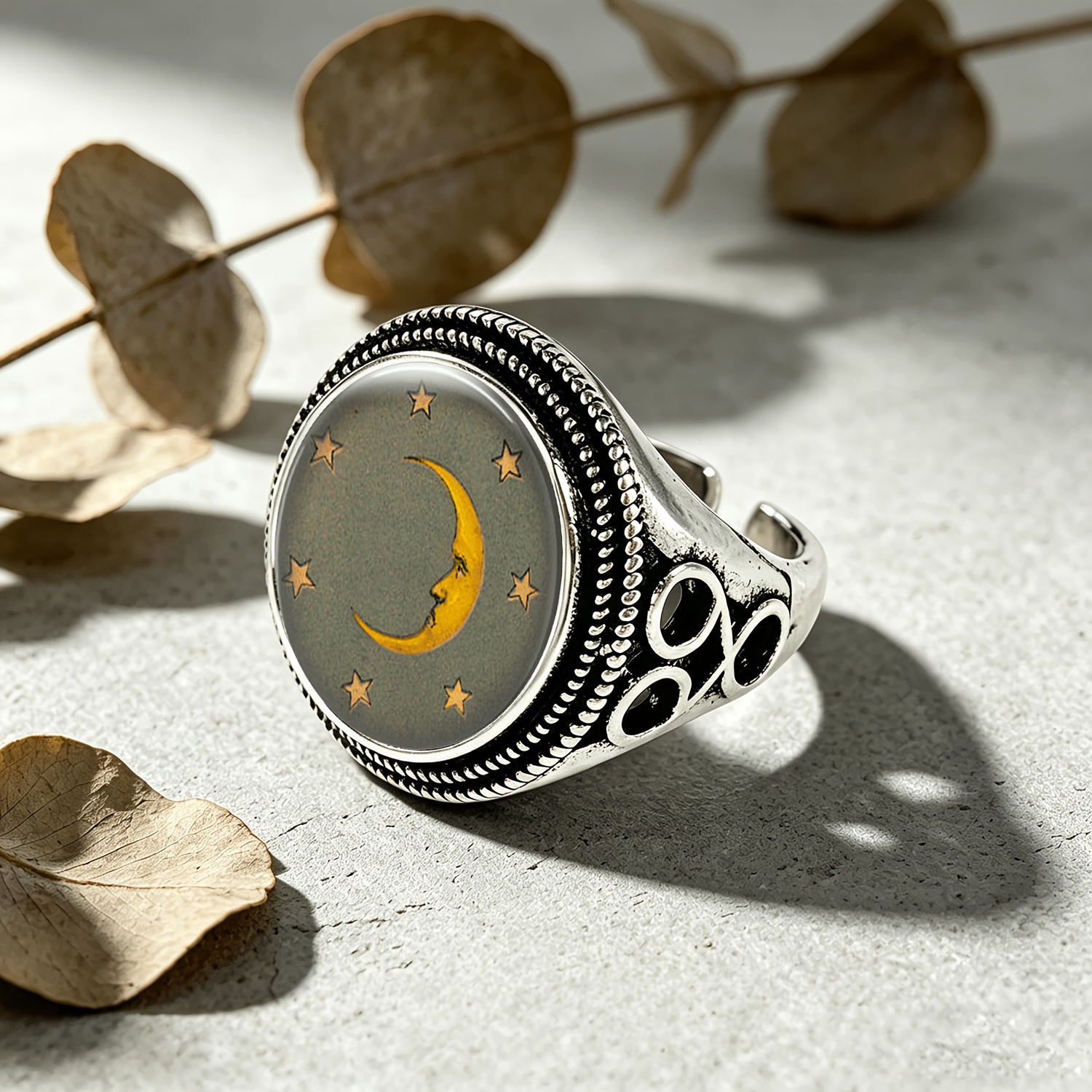 Classic Black Adjustable Ring with Yellow Crescent Moon