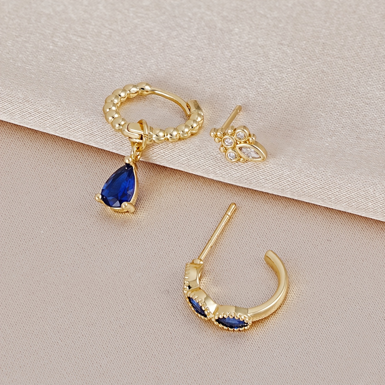 TEMU 3pcs Fashion Stud Earrings, Retro Exquisite Blue Synthetic Synthetic Synthetic Zircon Stud Set, Suitable For Banquets, Music Festivals, Party