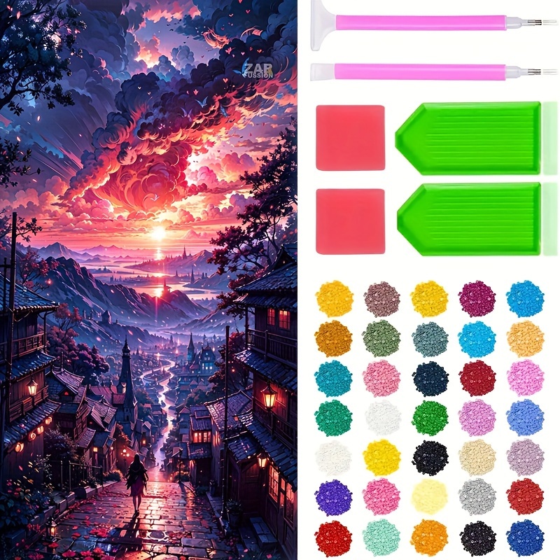 

5d Diy Diamond Painting Kit, Sunset Town Art Embroidery Stitch, Round Diamond Acrylic Wall Decor, Home Ornament Craft, Included Tools And Accessories (15.7x27.5in / 19.7x39.4in)