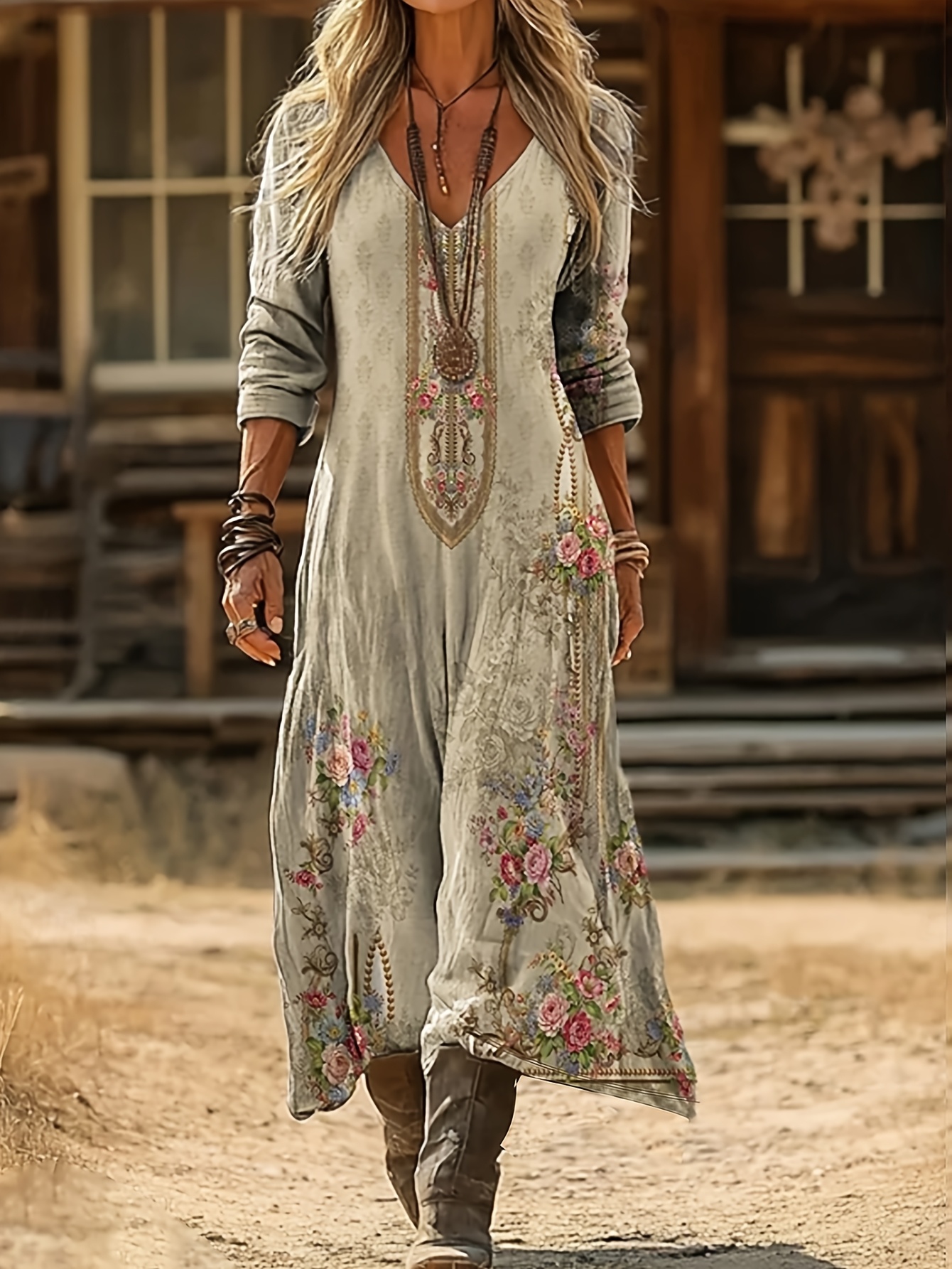 plus size ethnic bohemian print womens fashion casual elegant comfortable printed long sleeve v neck dress