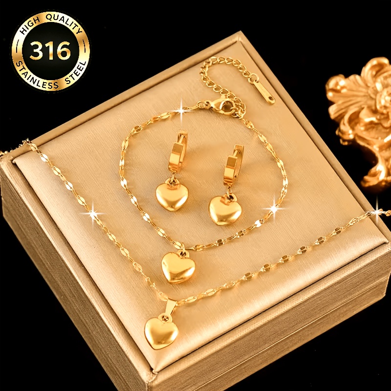 TEMU 4pcs Heart Necklace, Bracelet And Earring Set, Light For Women 316l Stainless Steel Fashion Jewelry Additions, Valentine's Day And Birthday Gift