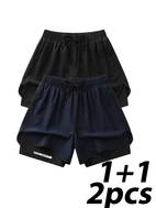 2ks pánske športové šortky | rýchloschnúci polyester & elastan | priedušné, ľahké | nastaviteľný pás so šnúrkou | geometrický | viacfarebné čierne & sivé | ideálne na telocvičňu & bežné nosenie | prateľné v práčke
