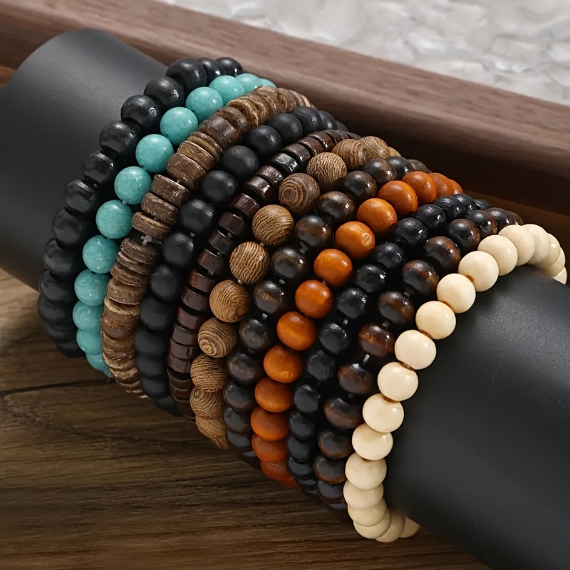 

Vintage Men's & Women's Wooden Bead Bracelet Set - 11-piece Woven Stretch Cord Bracelet Collection