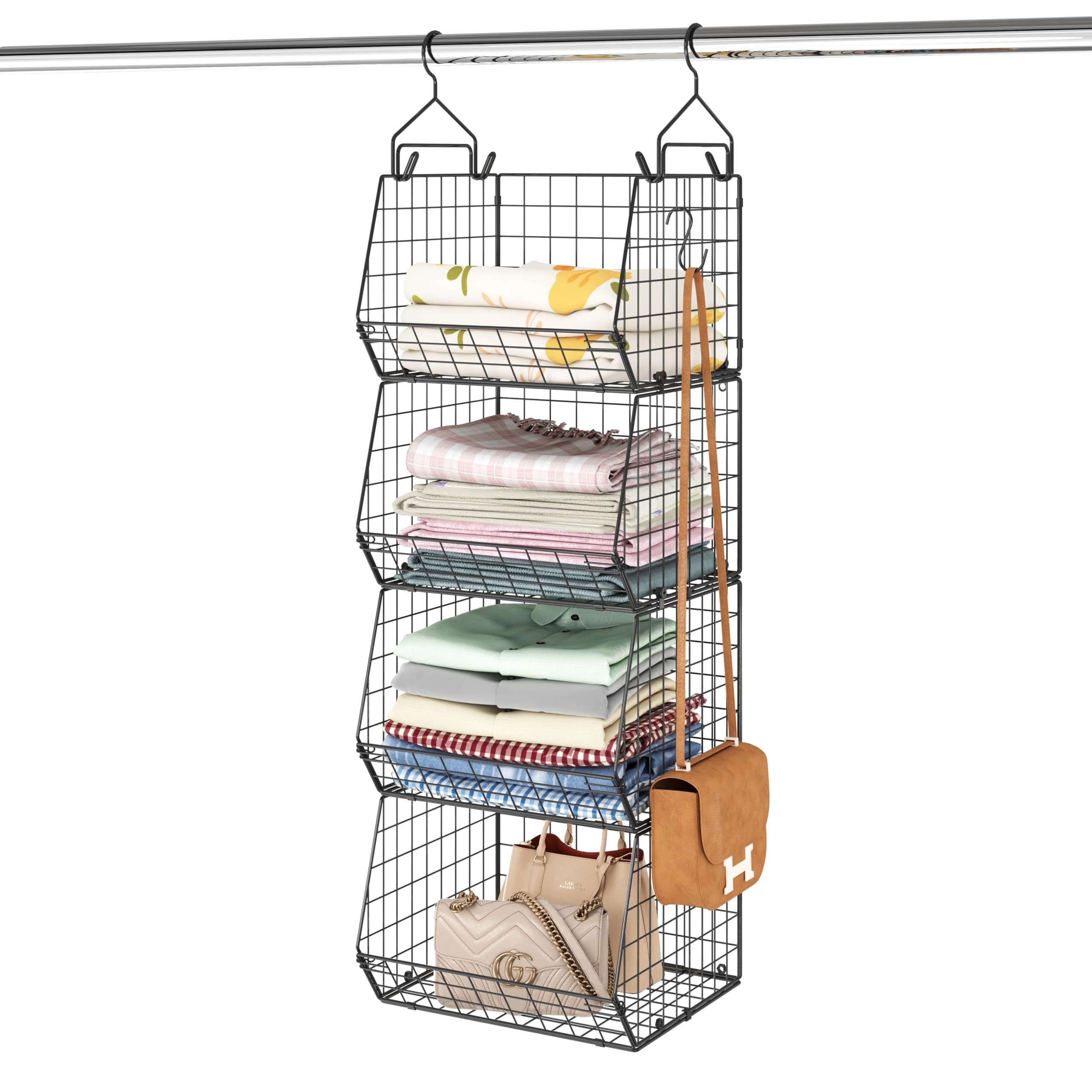 

4 Tier Foldable Closet Organizer, Clothes Shelves With 5 S Hooks, Wall Mount&cabinet Wire Storage Basket Bins, For Clothing Sweaters Shoes Handbags Clutches Accessories Patent