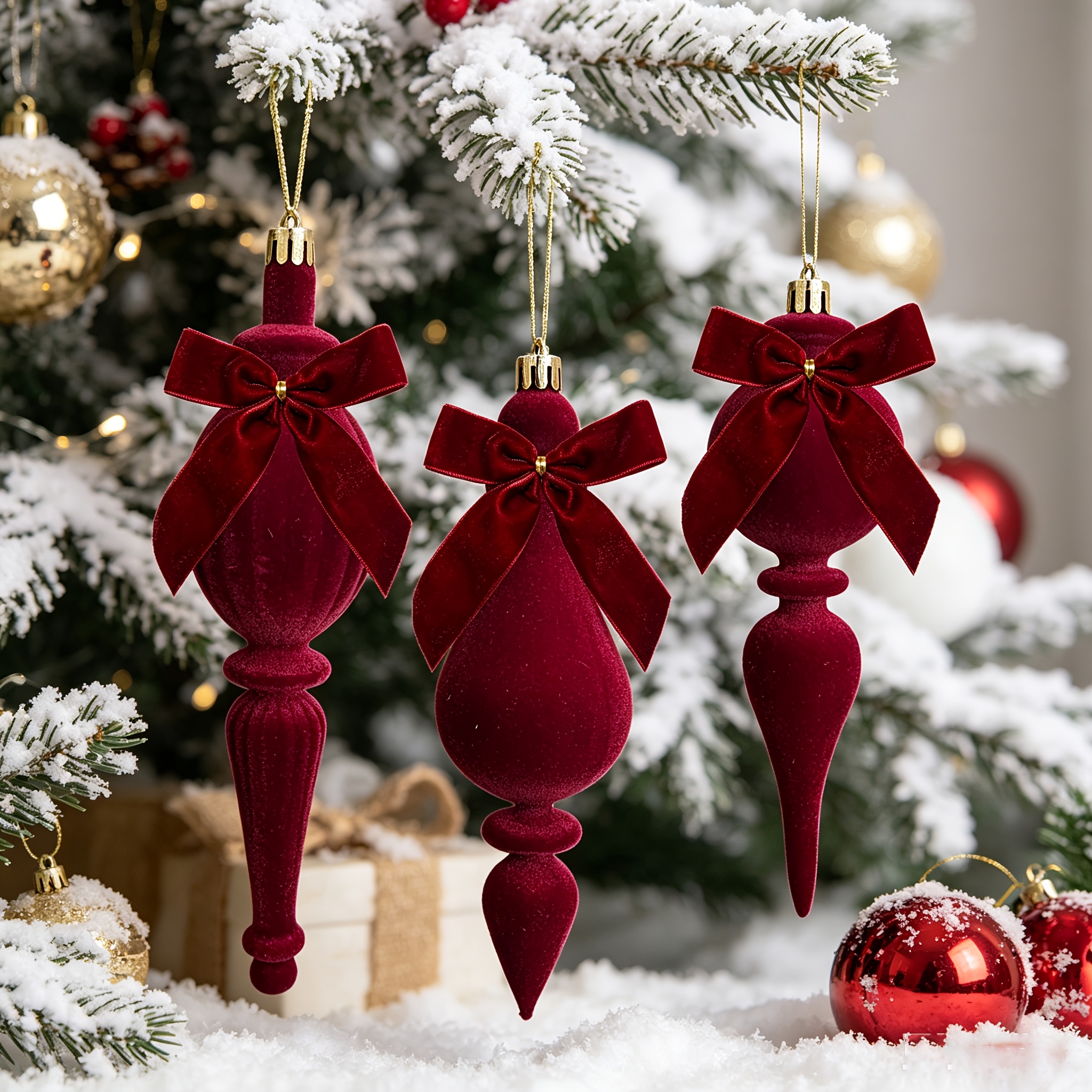 TEMU Lot de 3 décorations de Noël à suspendre, ornements fuselés floqués avec nœuds, adaptés pour Noël, , l'hiver et autres suspensions de décoration