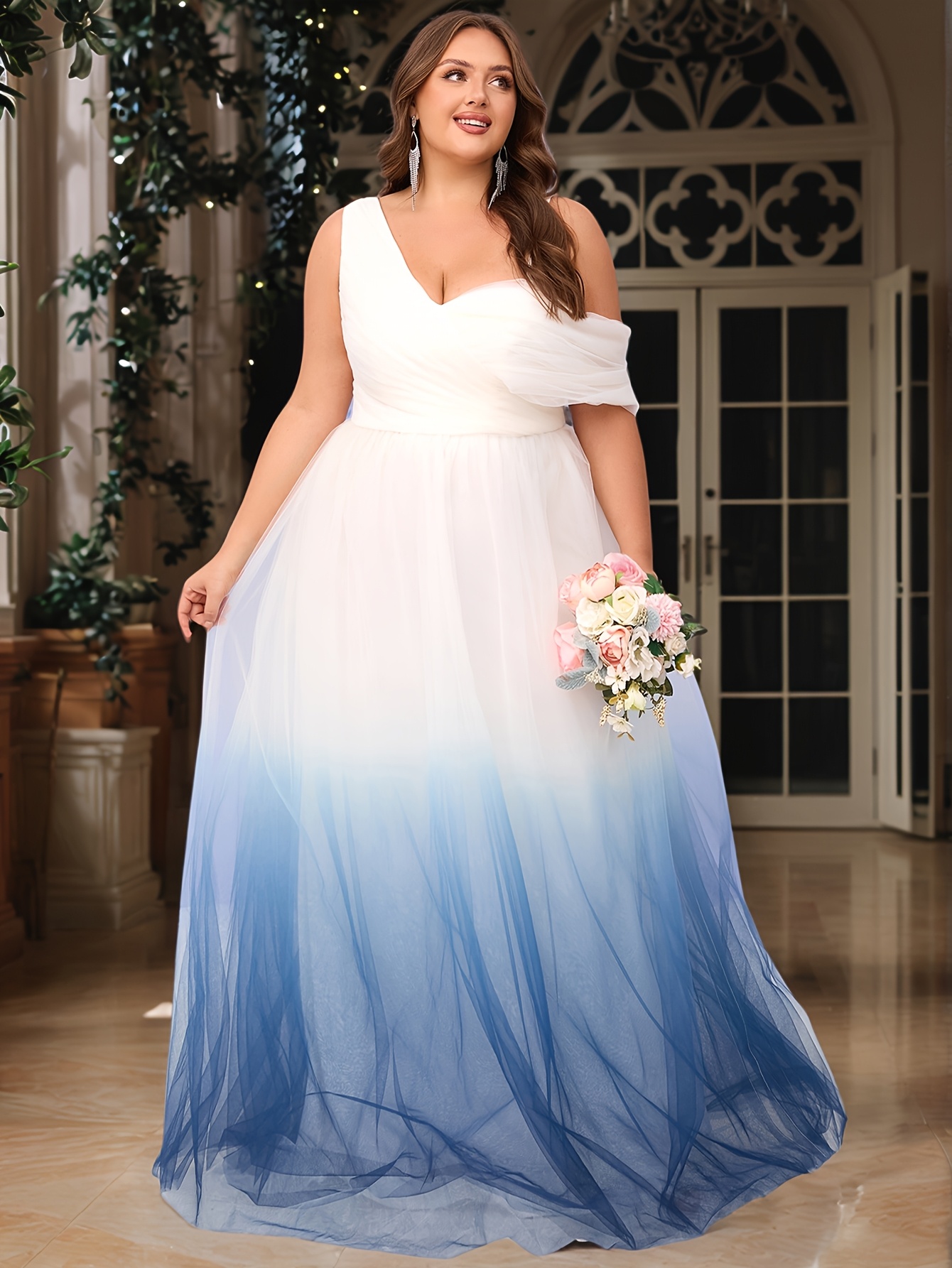 Women's Plus Size Elegant Wedding Dress Ombre Blue to White Gradient  Sheer Nylon Maxi Gown with One-Shoulder Off-the-Shoulder Neckline, Drop  Shoulde