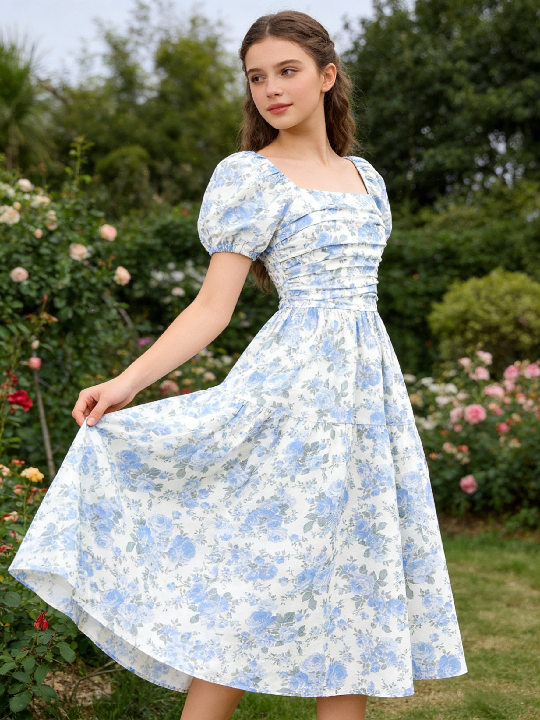 girls dress blue floral print asymmetrical hem midi skirt