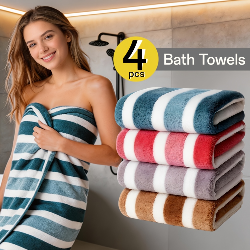 TEMU 1/4pcs Striped Bath Towel Set, Beach Towel Bath Towel, Absorbent & Quick-drying Showering Towel, Super Soft & Skin-friendly Bathing Towel, For