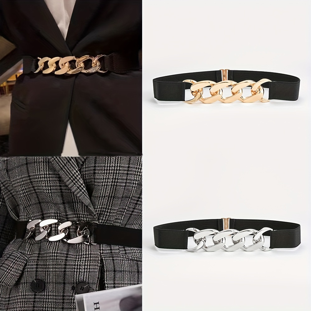 

Metal Buckle Black Elastic Belt Silver Curb Chain Clinch Waist Belts For Women Stretchable Belt