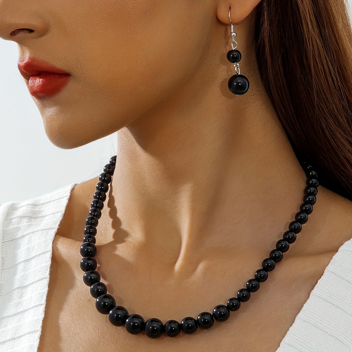 E-shop Retro Easy Schwarze Perlen Halskette Ohrringe Mode Vielseitiges Schmuckset Geeignet für Damen Ball Party Freund Geschenk