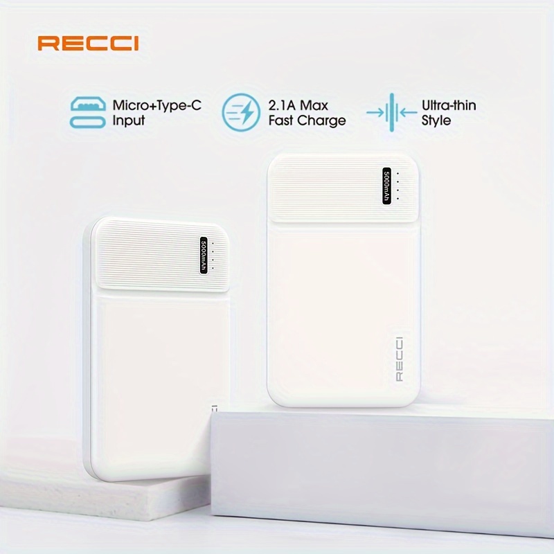 

Batterie externe portable mini RECCI RPB-N15 5000mAh 5V 2.1A Design mignon et compact avec affichage lumineux de charge Entrée Micro/Type C Sortie USB-A Charge rapide 10W pour téléphone portable