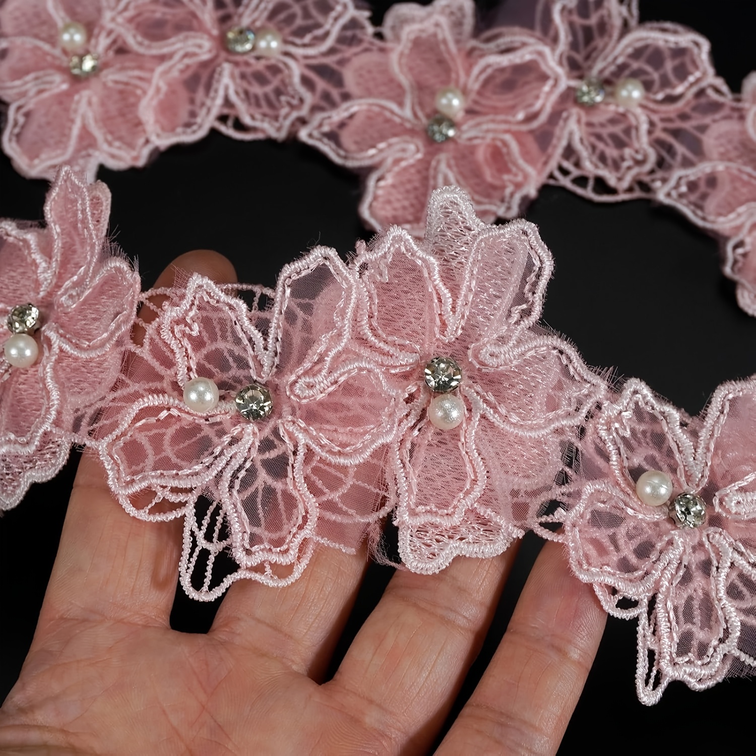TEMU 1 Yard Double-layer Mesh Floral Beaded Lace Trim Skirt Hem Hair Additions Handmade Additions