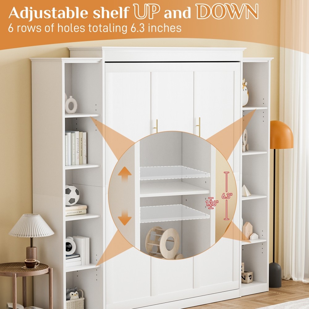 Queen Murphy Bed Cabinet with 5-Tier Adjustable Shelves - Space-Saving Wall Bed, Heavy-Duty Foldable Platform Bed Frame, Modern Murphy Bed for Small Apartments, Guest Rooms, Home Offices - Easy Assembly, No Box Spring Needed, Apartment Living, Minimalist Furniture, Highquality Build, Apartment Dwellers