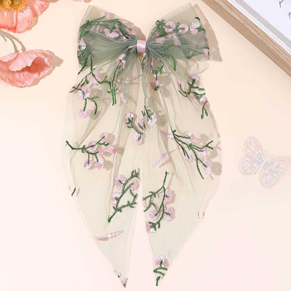 TEMU 1pc Delicate Floral Embroidered Bow Hair Clip For Women Fashion Hair Accessory For Bridal Photoshoots And Parties And Stylish Hair Decor