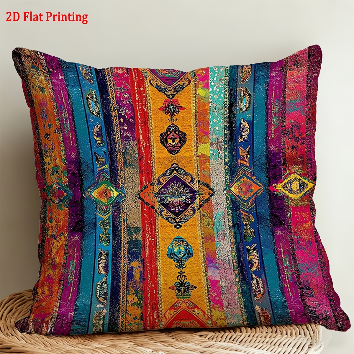TEMU 2d Flat - 1pc 2d Flat Throw Pillow Cover | Colorful Patterned Plush Pillowcase, Ideal For Various Room Types, Easter Gift, , Easy , Double-sided