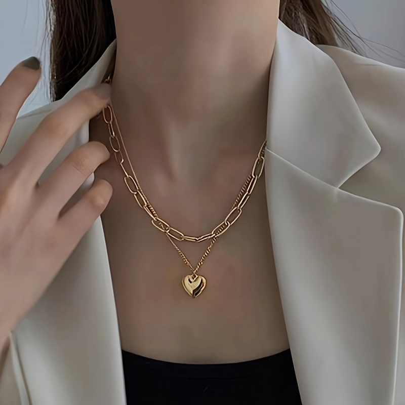 

Elegant Double Layered Gold-tone Stainless Steel Necklace With Heart Pendant For Women - Sexy Chic Style, No Mosaic, Ideal For Daily Wear & Parties, Valentine's Day Gift