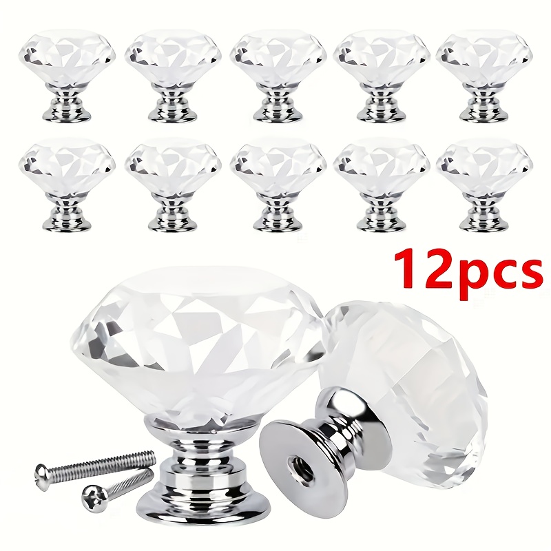 Image of 12 Crystal Glass Door Handles, Diamond Drawer Cabinets, Furniture Handles, Kitchen Use