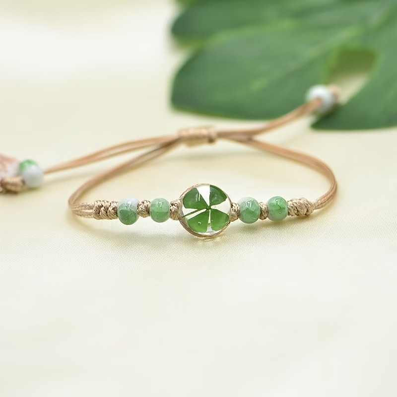 Boho Dried Flower Bracelet, Charm Clover Adjustable Bracelet - Perfect For Parties, Festivals And Daily Wear