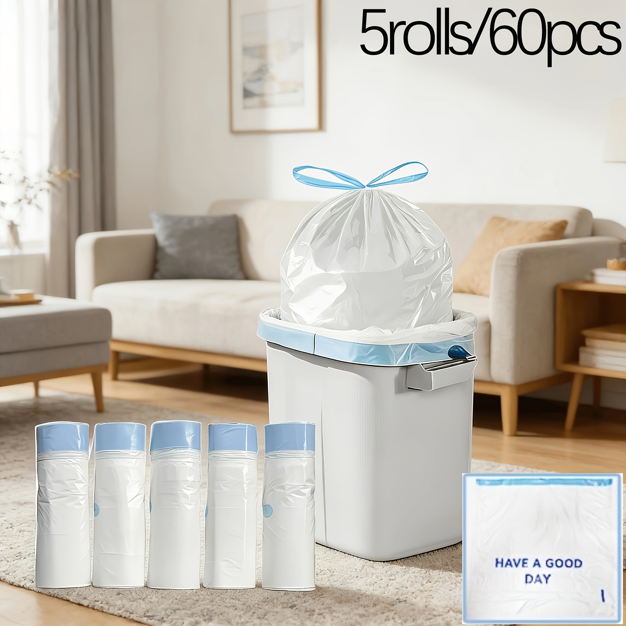 Leakproof & Odor-resistant Garbage Bags With Drawstring Closure Thickened And Tear-resistant, Suitable For Household, Office, Pet Waste And Commercial Use 5 Rolls/60 Thickened