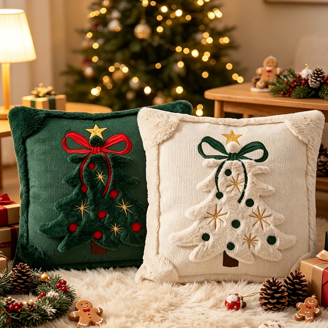 TEMU 2pcs Plush Bow Christmas Tree Pillow Covers, 18x18 Inches, Christmas Decoration, Soft And Comfortable, Star And Bow Christmas Tree Decoration