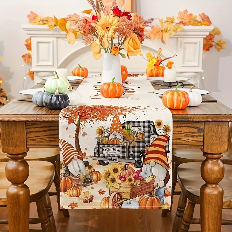 

Autumn Harvest Gnome Table Runner - Maple Leaf & Plaid Design With Car Decor, Polyester, Rectangular