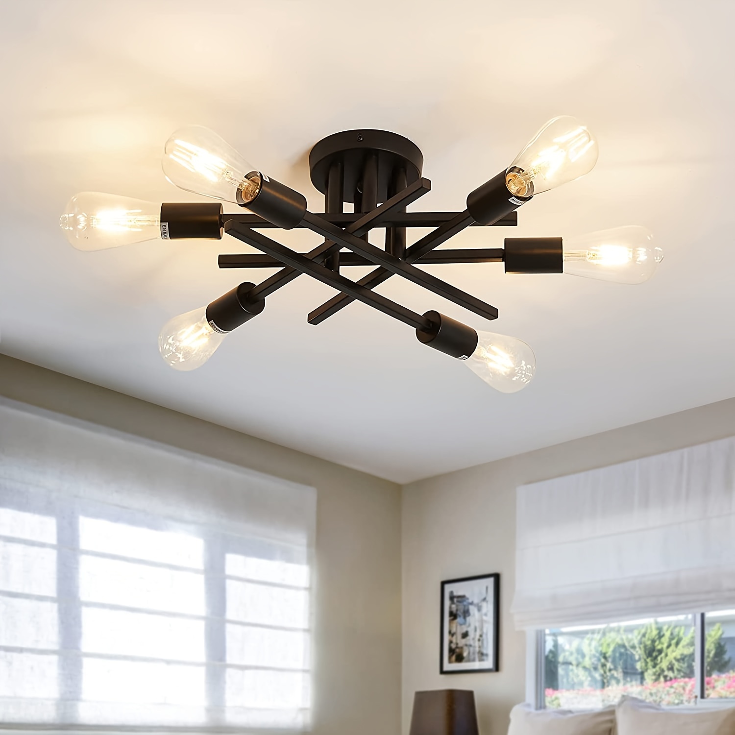 1pc 6 Light Sputnik Chandelier Modern Ceiling Light Fixture Century Black Industrial Pendant Light Semi Flush Mount Lighting For Living Room Dining Room Bedroom Kitchen Bar Cafe bulb Not Included