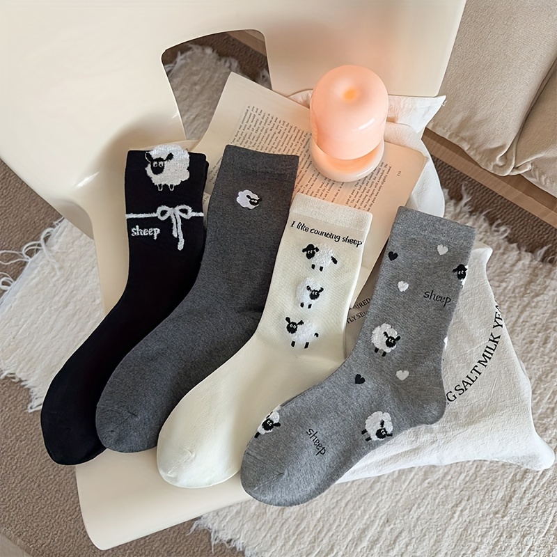 

Women's 4-pack Cotton Knit Cute Cartoon Sheep Crew-length Casual Comfortable Breathable Animal-themed Hosiery With Stretch - 90% Cotton, 10% Elastane, Hand Washable