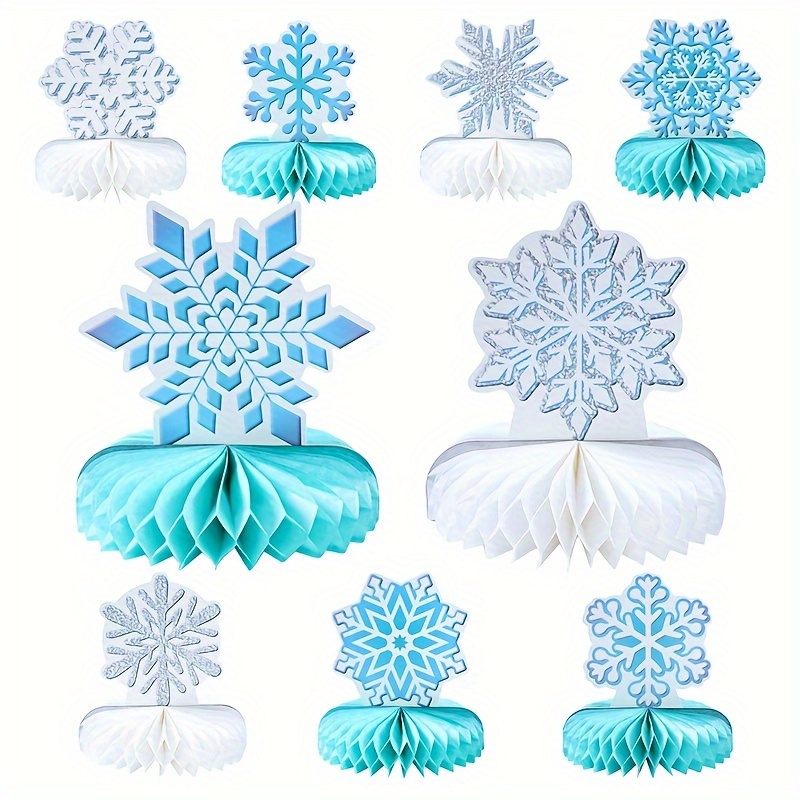 

9pcs Festive Blue & White Snowflake Honeycomb Centerpieces - Perfect For Winter Theme Christmas, Birthday, Or Holiday Parties - Paper Craft, No Feathers, No Electricity Required