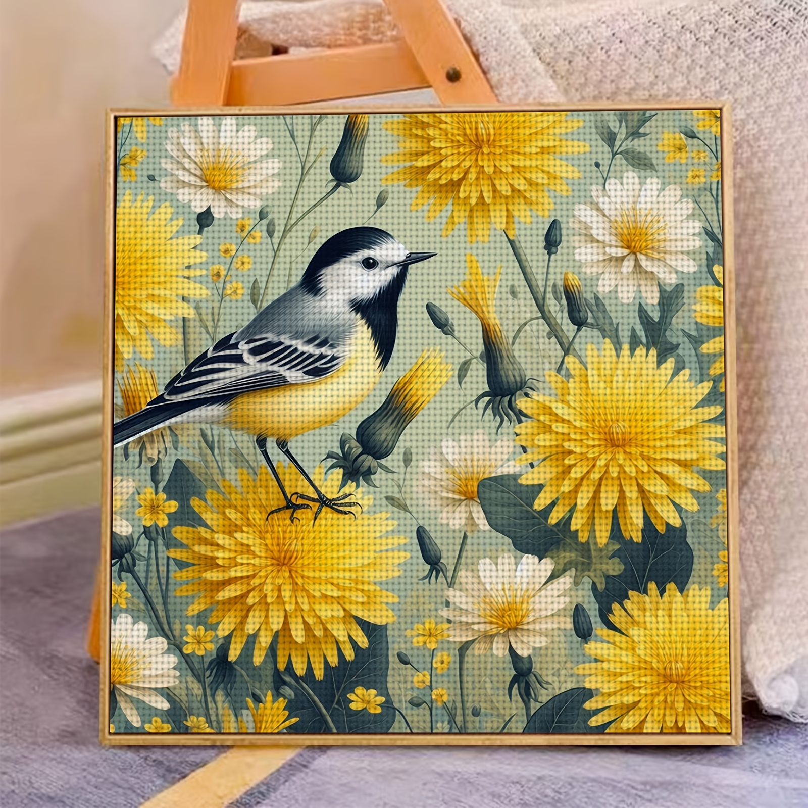 Complete DIY Cross Stitch Kit - 'Yellow Bird Perched on Yellow Flower'