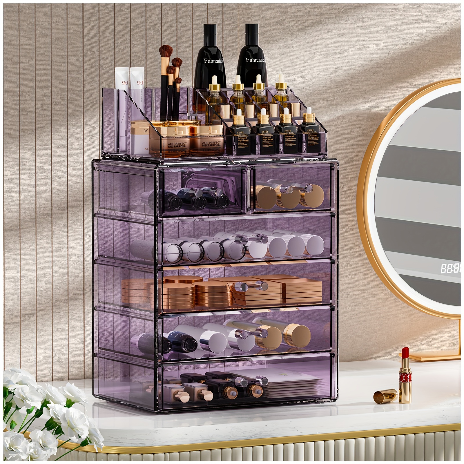 

Large Capacity Cosmetic Storage Organizer, 6-tiers Acrylic Makeup Organizer With Drawers, Desk Accessories For Pens, Markers, Pencils, Dorm Room , Purple, 9.44x6.29x11.23 Inches