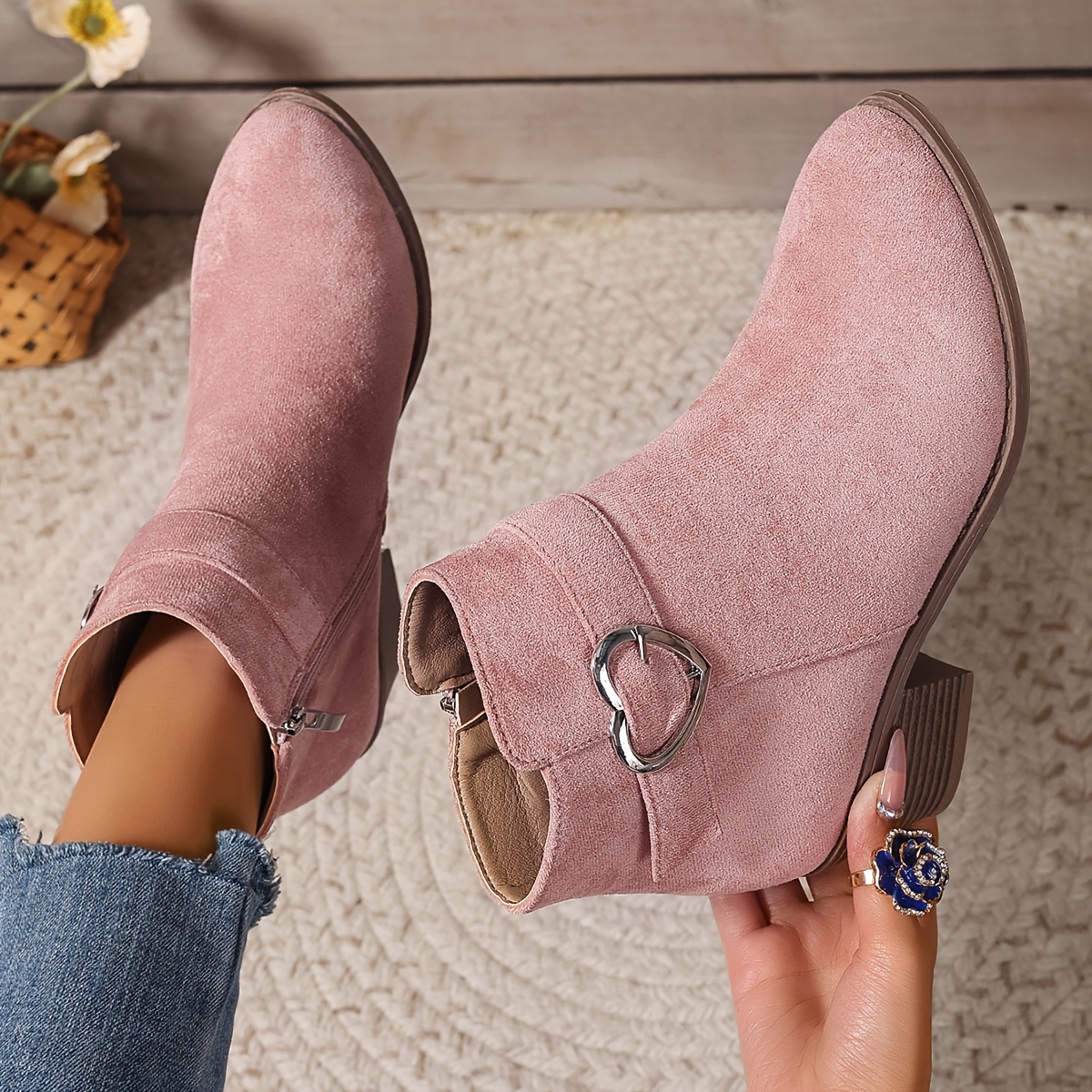 TEMU Women's Ankle Boots, Chunky Heel Side Zipper Metal Strap Round Toe Comfortable Versatile Retro Casual Daily Fall Winter Women Shoes, Retro Style