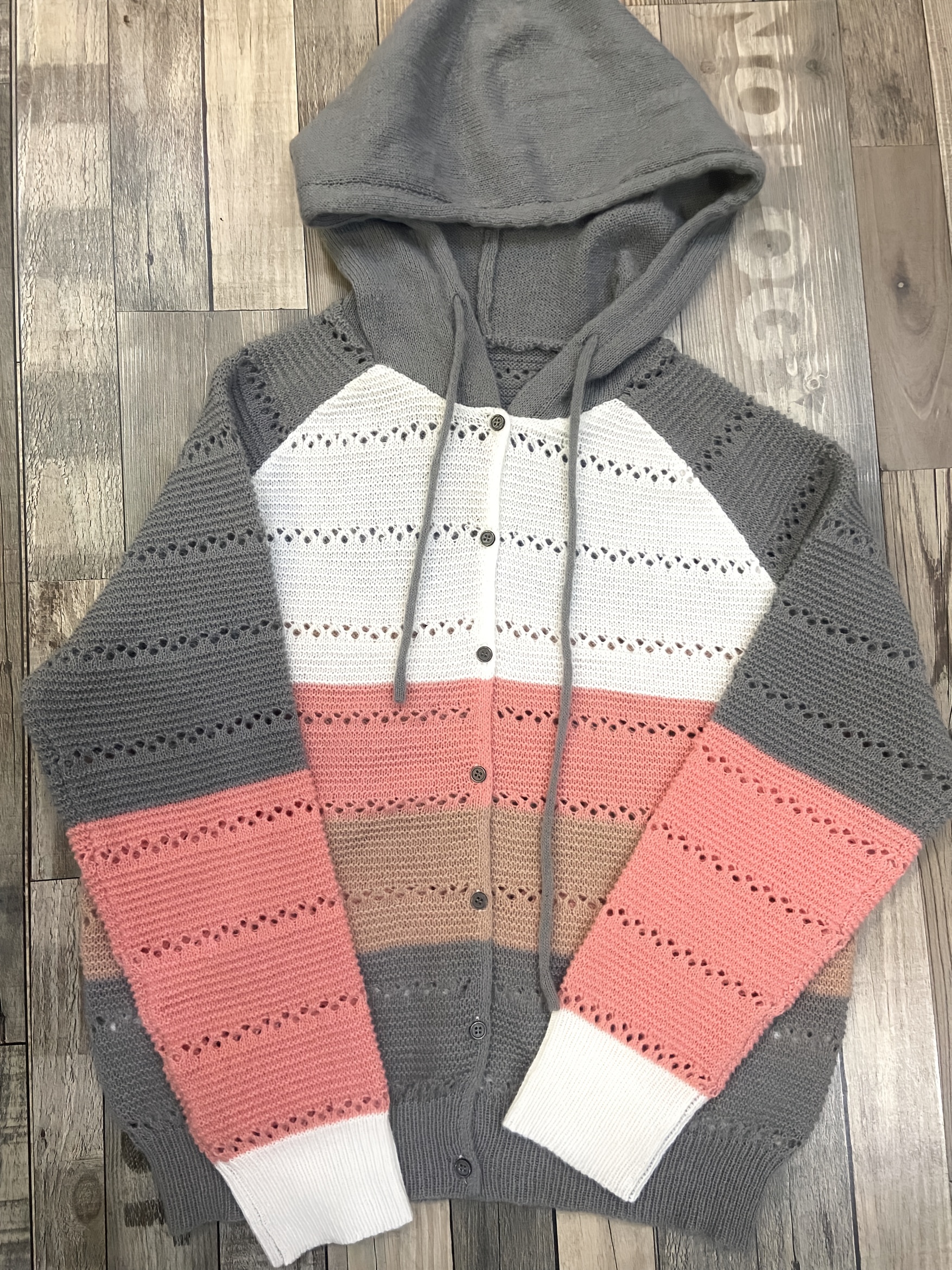 Color Block Hooded Knit Sweater Vacation Drawstring Long - Temu