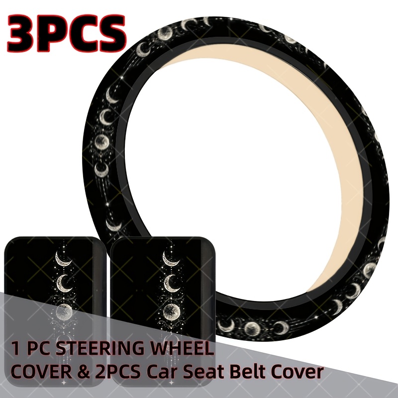 TEMU 3pcs Gothic Astrology Steering Wheel Cover & Seat Belt Pads - Car Steering Wheel Cover With 2 Shoulder Protectors, Moon Phase Star, Suitable For