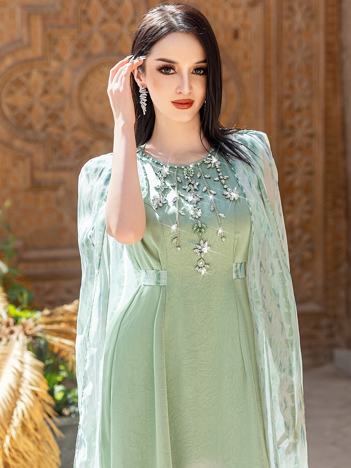 green emerald velvet dress Light Green Embroidered Petal Collar Dress,12M to 6t. 6T main image 1