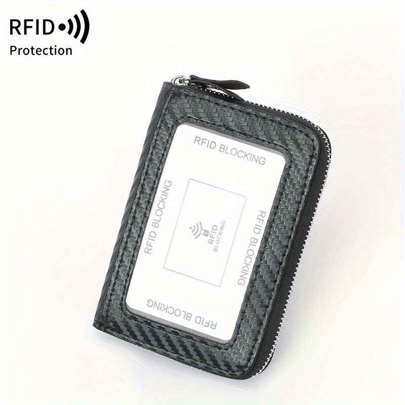 Rfid Shielded Carbon Fiber Card Wallet, Zippered Coin Pocket And Id Window, Multiple Card Slots, Stylish Black
