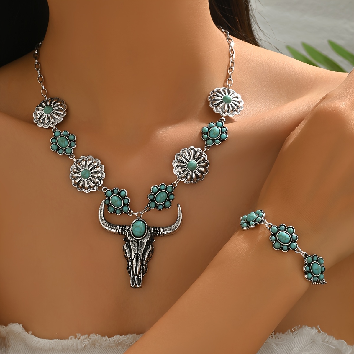 TEMU Western Style Turquoise Blue Accessory Set: Bull Skull Flower Necklace And Bracelet Combo For Women, Vintage Personality Jewelry
