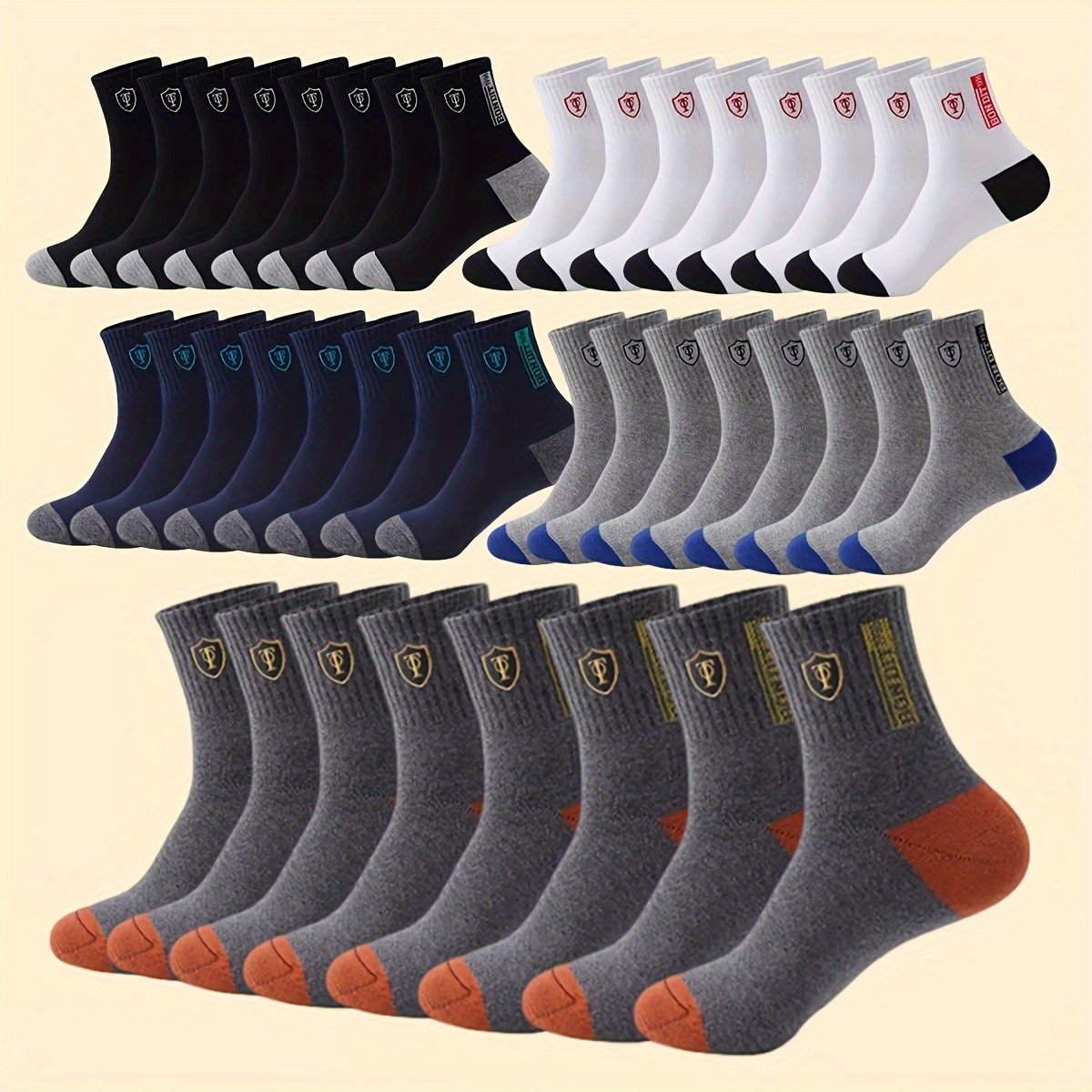 

5/20 Pairs Men's Athletic Crew Socks - Polyester Spandex Blend, Knit Fabric, Alphabet Pattern, Shock Absorbing, Anti-slip - For Daily Wear And Sports, Uncharged, 95% Polyester, 5% Spandex