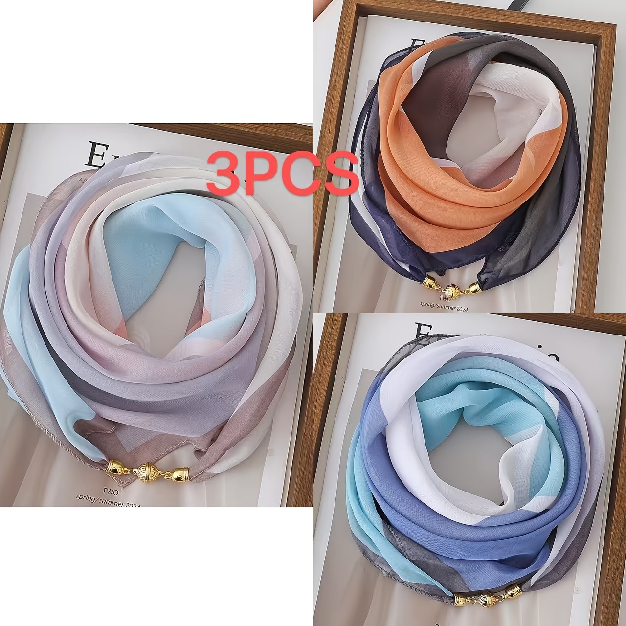 TEMU 3pcs Elegant Thin Transparent Scarves, Fashion Magnetic Scarves, 100% Polyester Fiber, Hand Wash Or Cleaning, Weekend Leisure, Warm Decoration,