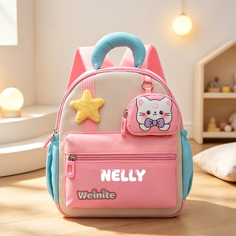 TEMU 1pc Customizable Name High-quality Cute Fun Casual Backpack, Unisex, Nylon Material, Adjustable Straps, Small Capacity, Cute And Fashionable. 4