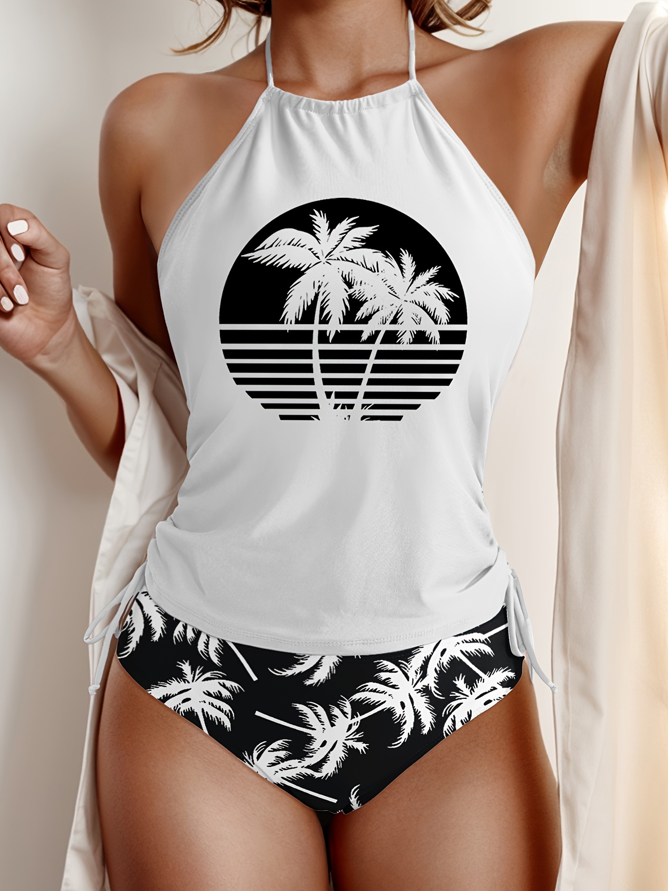 Coconut Tree Set Pattern Drawstring 2pcs Set Swimsuit, Halter Tie Neck Backless Stretchy Low Waist Bathing Suit for Beach Pool, Women'S Swimwear & Clothing