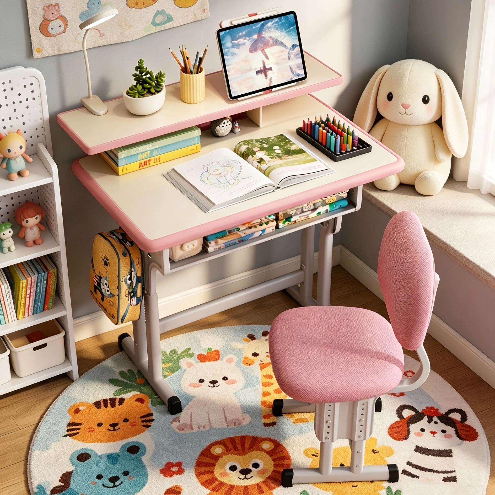 Adjustable Kids Study Desk & Chair Set, Ergonomic Curved Back Spine Protection, Height Adjustable, Wipeable Desktop, Detachable Reading Stand, Eye-Caring LED Lamp, Multiple Colors, Ideal For 3-18 Years Old Kids Home School Study & Daily Use