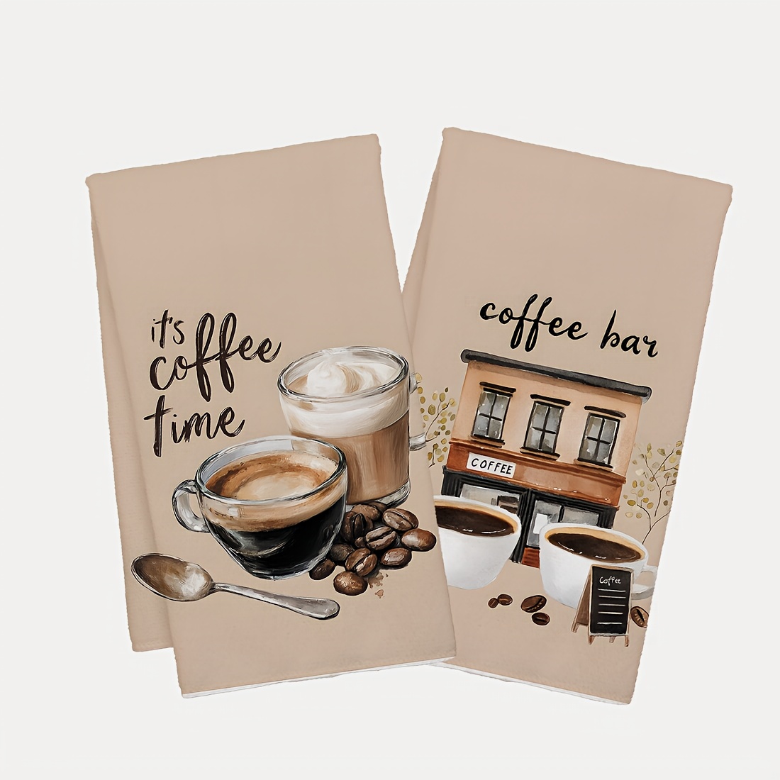 E-shop 2 Stück Kaffee-Motiv Mikrofaser-Küchentücher, 15,7x23,6 Zoll - Saugfähige dekorative Geschirrtücher mit Tassen-, Löffel- Bohnenmotiven für