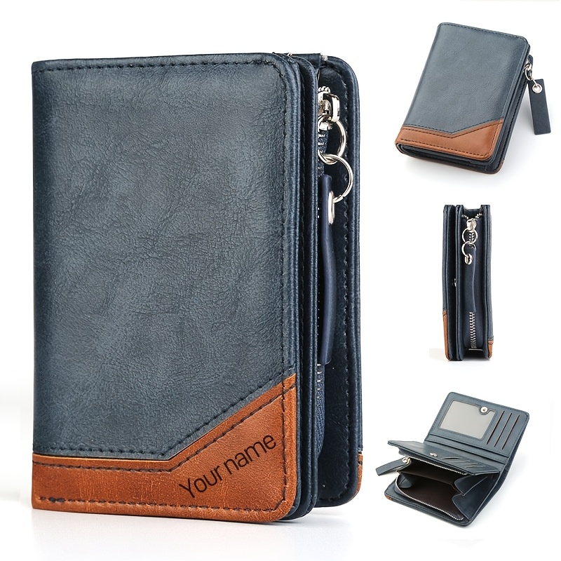 TEMU [customizable Name And Logo] 1pc Thickened Multi-card Slot Retro Wallet, Zipper And Button Design, Pu Soft Short Wallet, Custom Name Service -