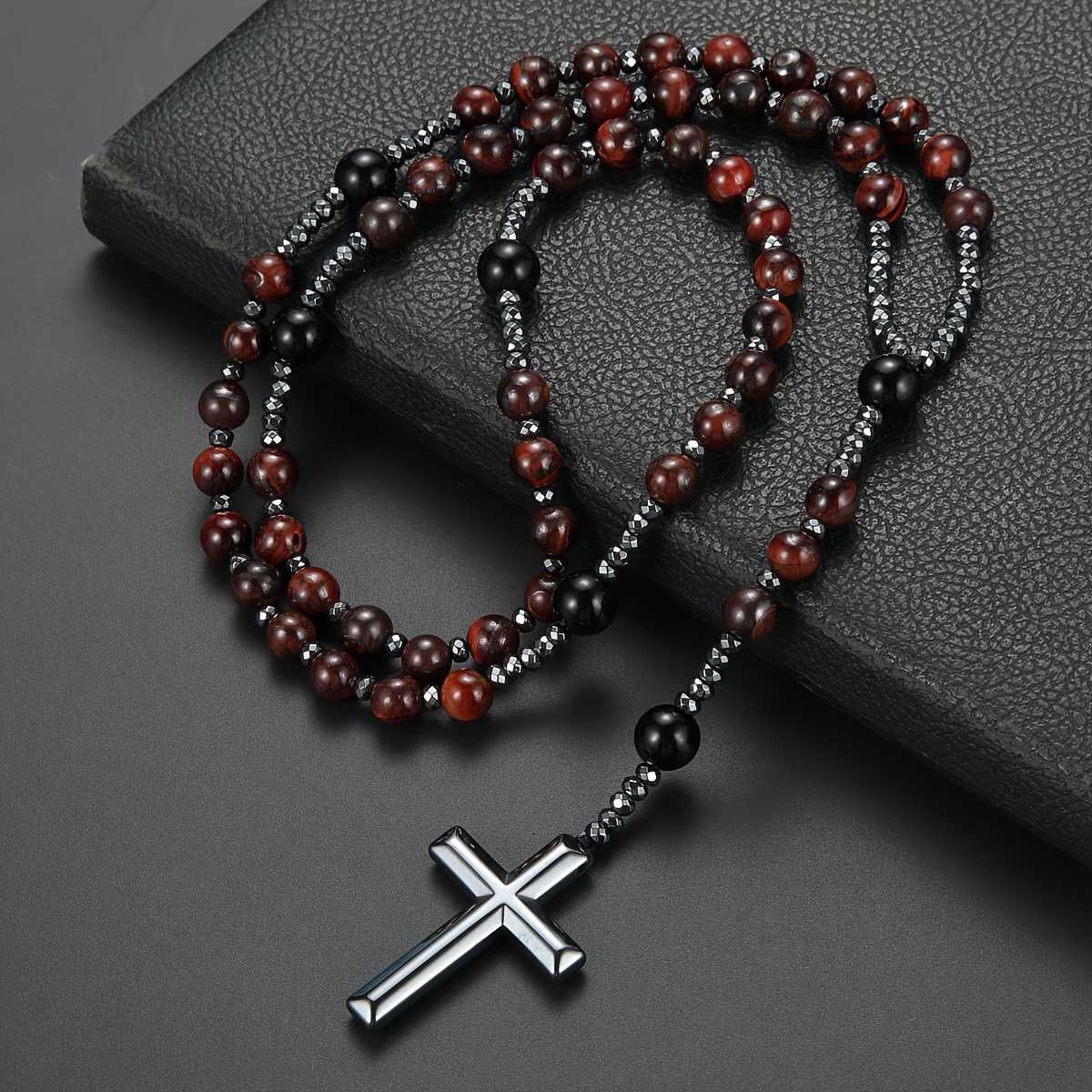 8mm Natural Stone Beads Cross Pendant Necklace