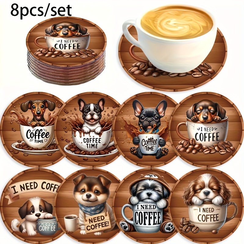 E-shop Set mit 8 Hunde Untersetzer für Getränke | Niedliche Tassenablegeschosse mit Haustier-Motiv | Ideales Geschenk für Weihnachten und Geburtstage |