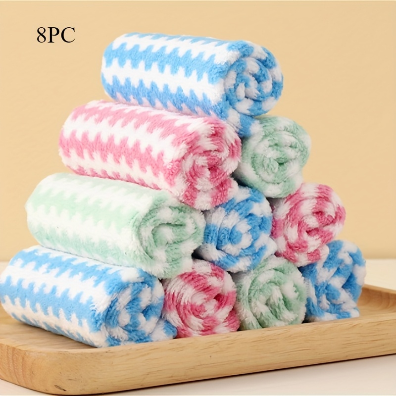 Image of 8pcs Multi-functional Dish Cloths, Cleaning Rags, Tablecloth Wipes, Reusable For Home, Restaurant, Kitchen Use, Coral Dish Towels, Cleaning, Stain Removal, Bathroom Tile Cleaning