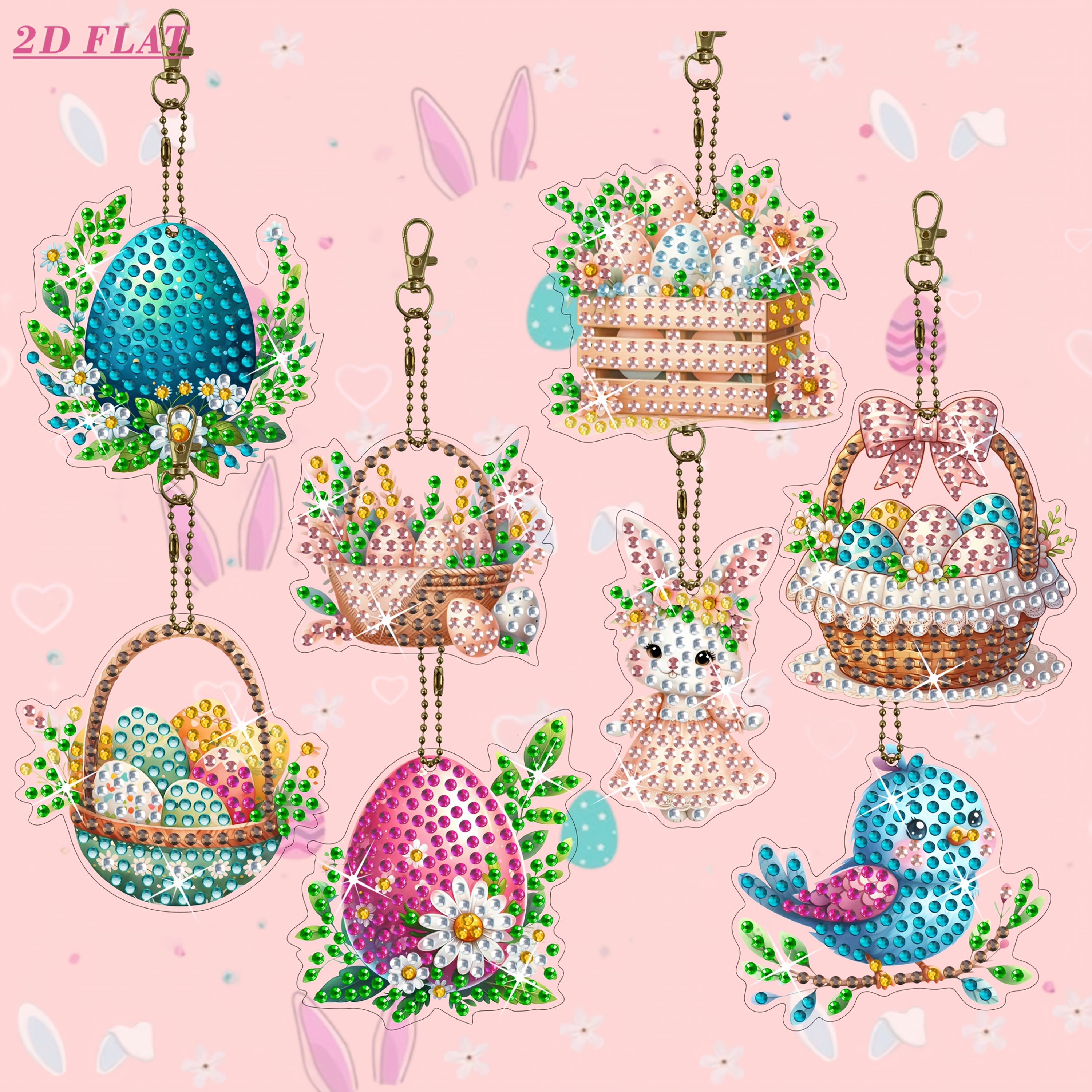 Image of [2d Flat] 8pcs Set, Double-sided Natural And Festive Soft Themes, Floral And Element Keychain Set, 5d Diamond Painting Art Keychain, Diamond Painting Color Decoration Set, Art Craft Supplies