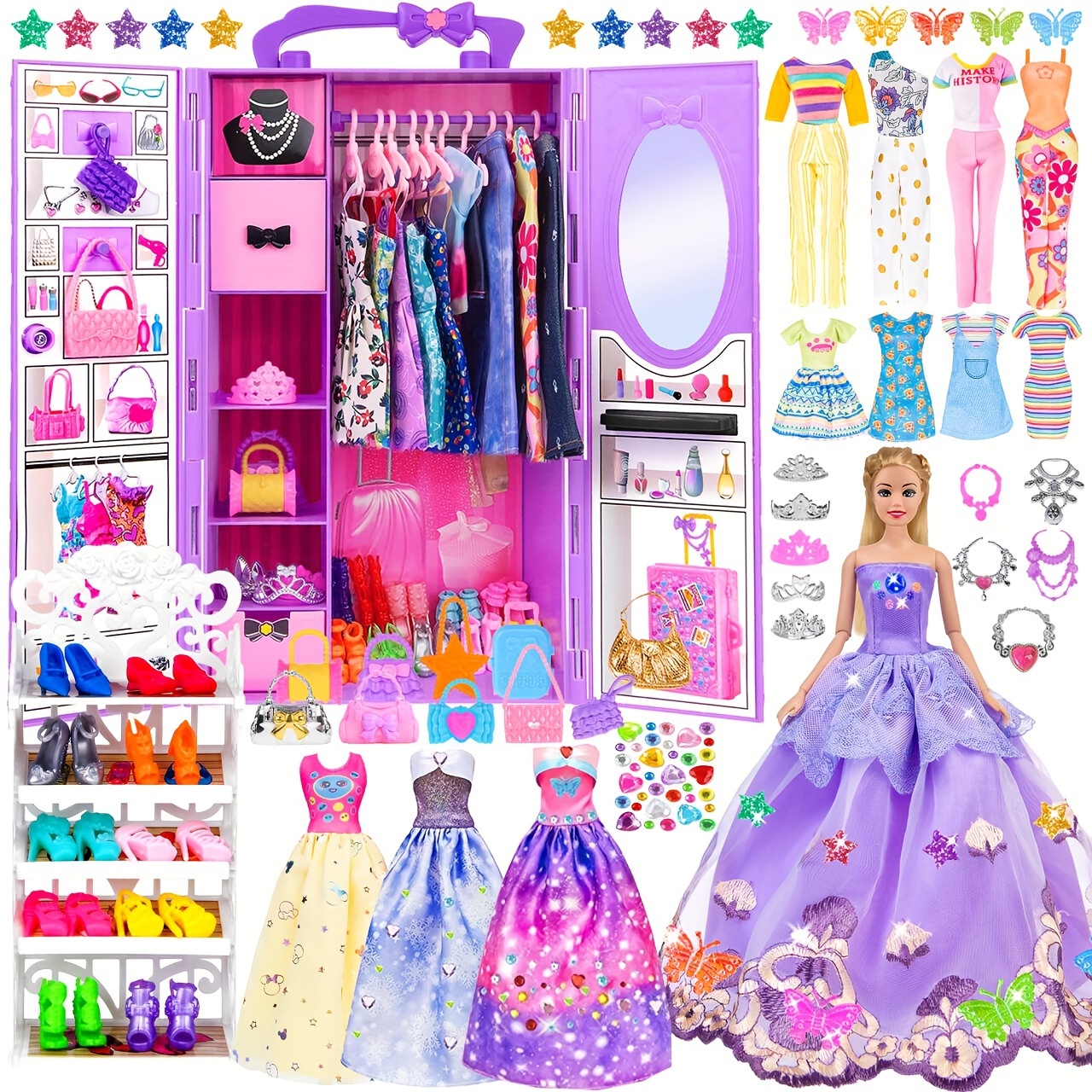 

11.5-inch Doll And Clothing Accessories Combination, Including 1 Doll, 1 , Princess Dress, Clothing Set, Shoes, Shoe Rack, Hanger, Bag, Diy Set, Etc.