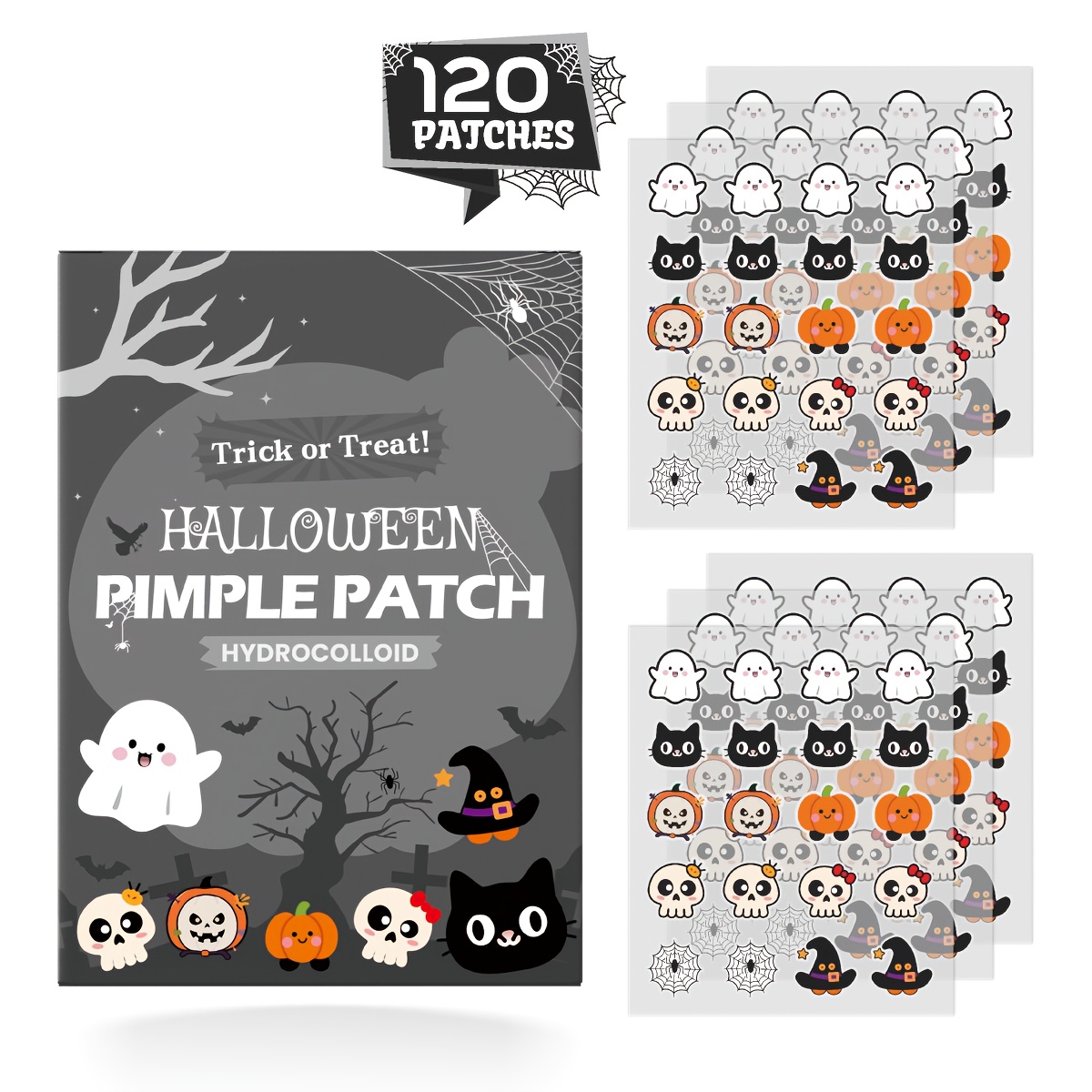 Image of Halloween Gray Festive Atmosphere Blemish Cover Patches Witch Halloween Element Style Cleansing Patches Cleanse Skin Cover Blemishes 120pcs