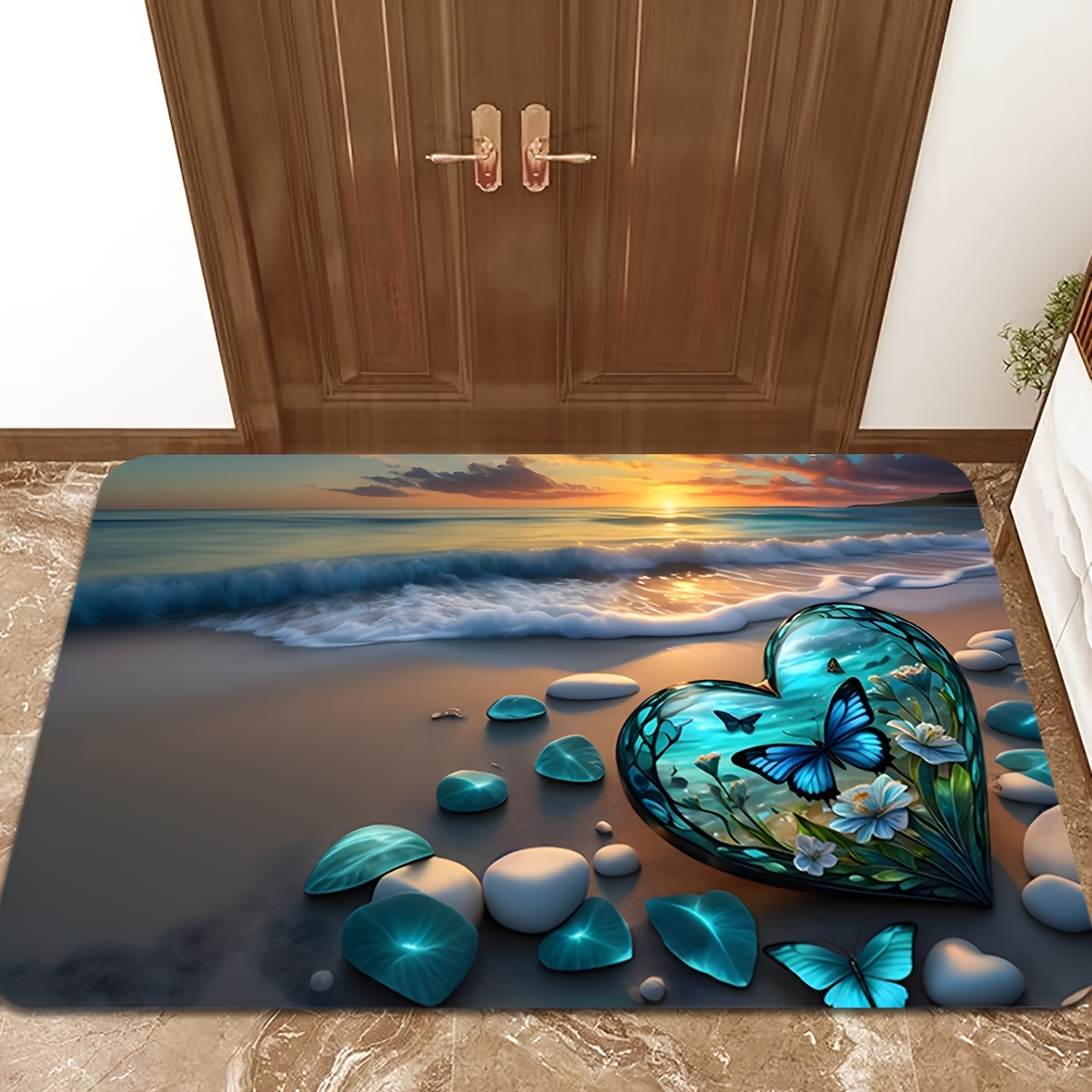 

1pc Seaside Heart Welcome Doormat – Non-slip, Stain Resistant Polyester Mat With Vibrant Beach Sunset Design For Indoor/outdoor Entryway, Kitchen, Laundry Room, Or Restroom